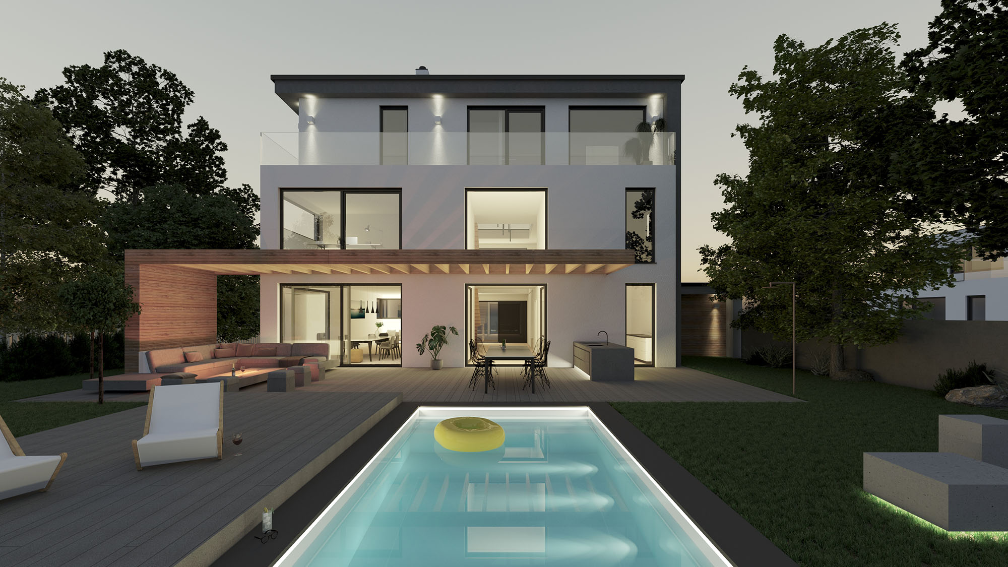 Garten mit Pool am Abend